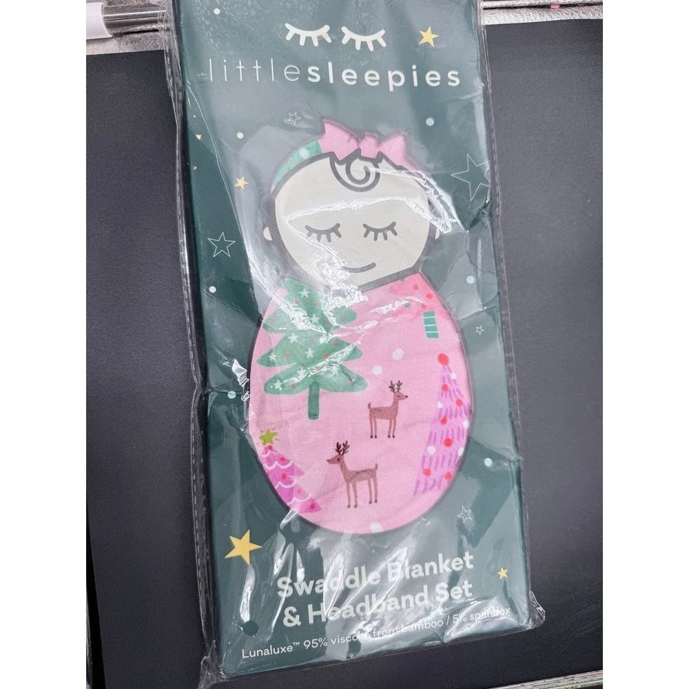 Little Sleepies pink trees swaddle & headband